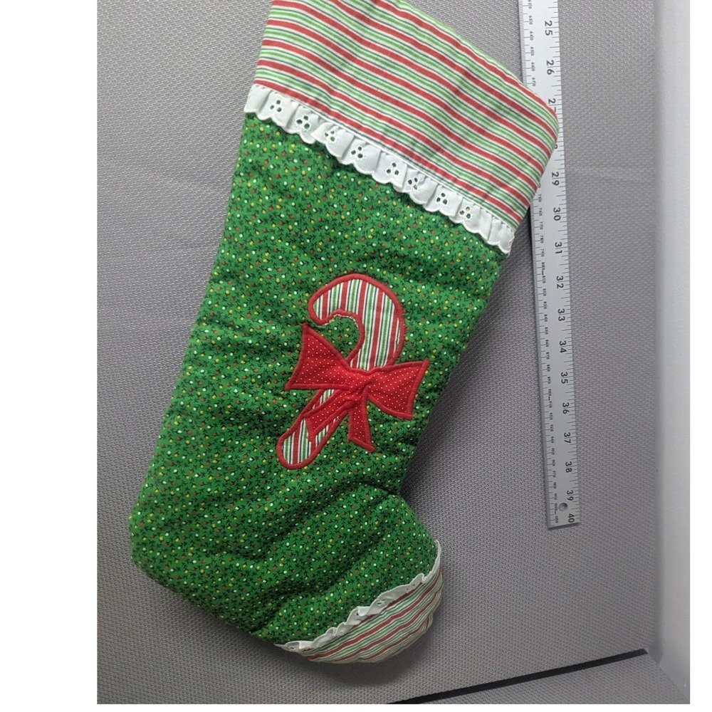 Vintage Handmade Quilted Christmas Stocking Candy Cane Eyelet Lace Green Red